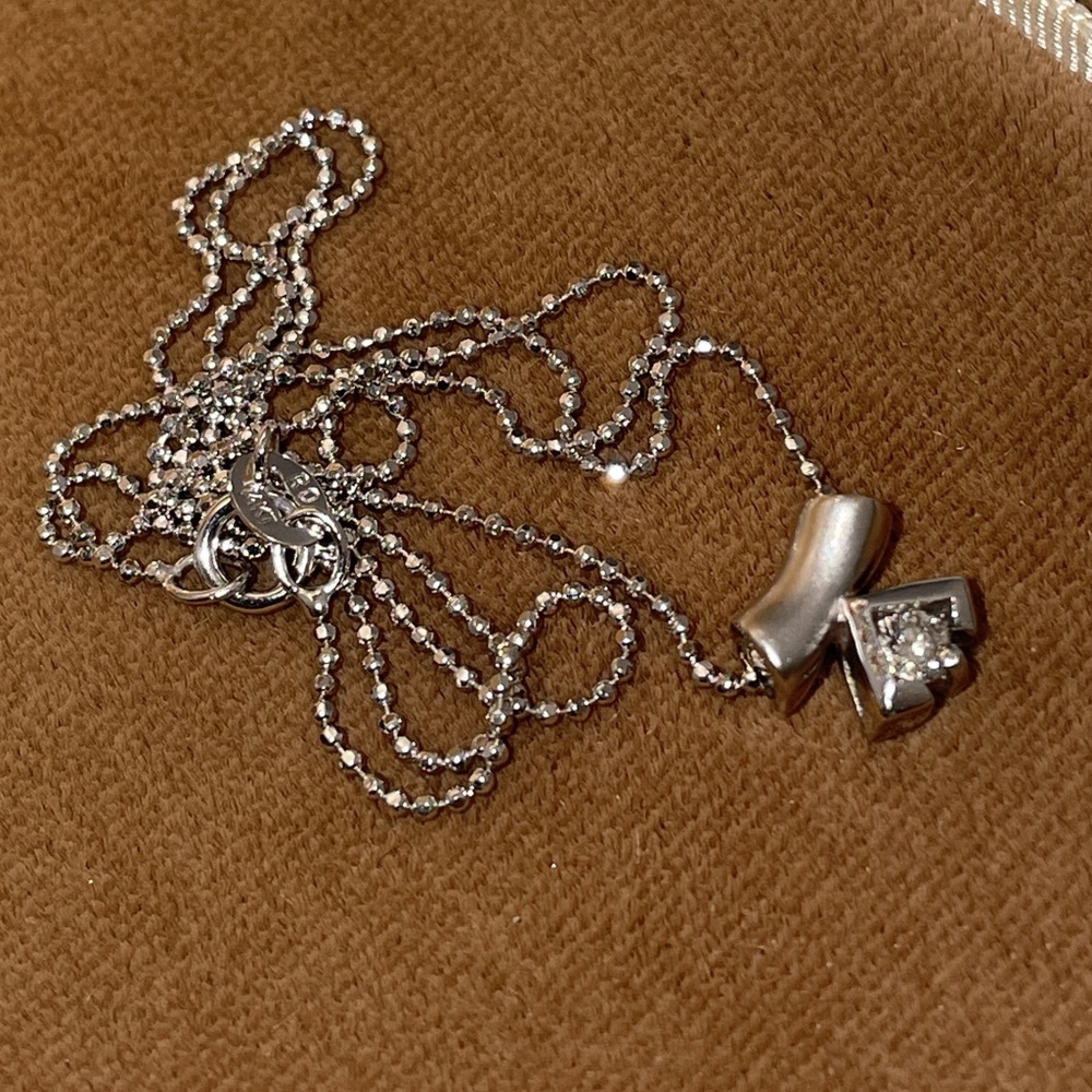 Vintage Solid White Gold 18K Natural Diamond Solitaire Pendant 14K Bead Necklace - Picture 6 of 16